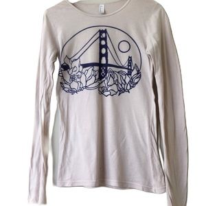 Vintage Golden Gate Monoprint Long Sleeved Scoop Neck Tee Blue Light Gray Size M